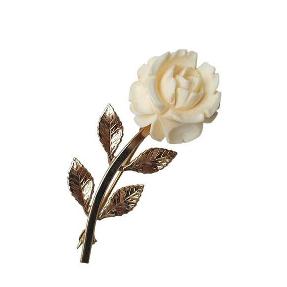Catamore 1/20 12k Gf Gold Filled Leaves Carved Rose Flower Brooch Pin Vintage - Picture 2 of 4
